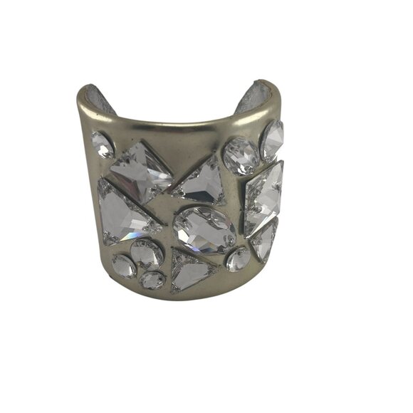 Ted Rossi NYC Gold Silver Leather Designer Rare Y2K Crystal Cuff Bracelet 2" Wid - Picture 10 of 10